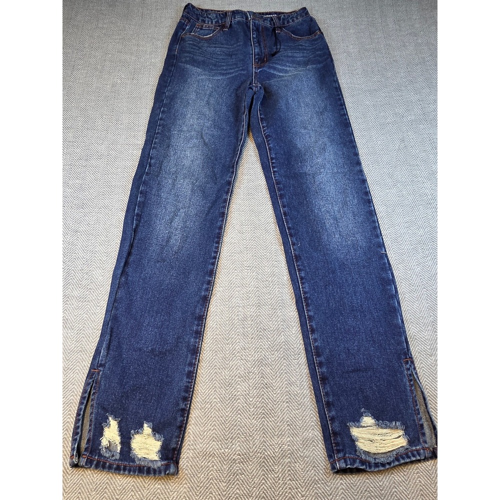 No Boundaries Womens Distressed Straight Leg Jeans Dark Wash Side Slit Size 7